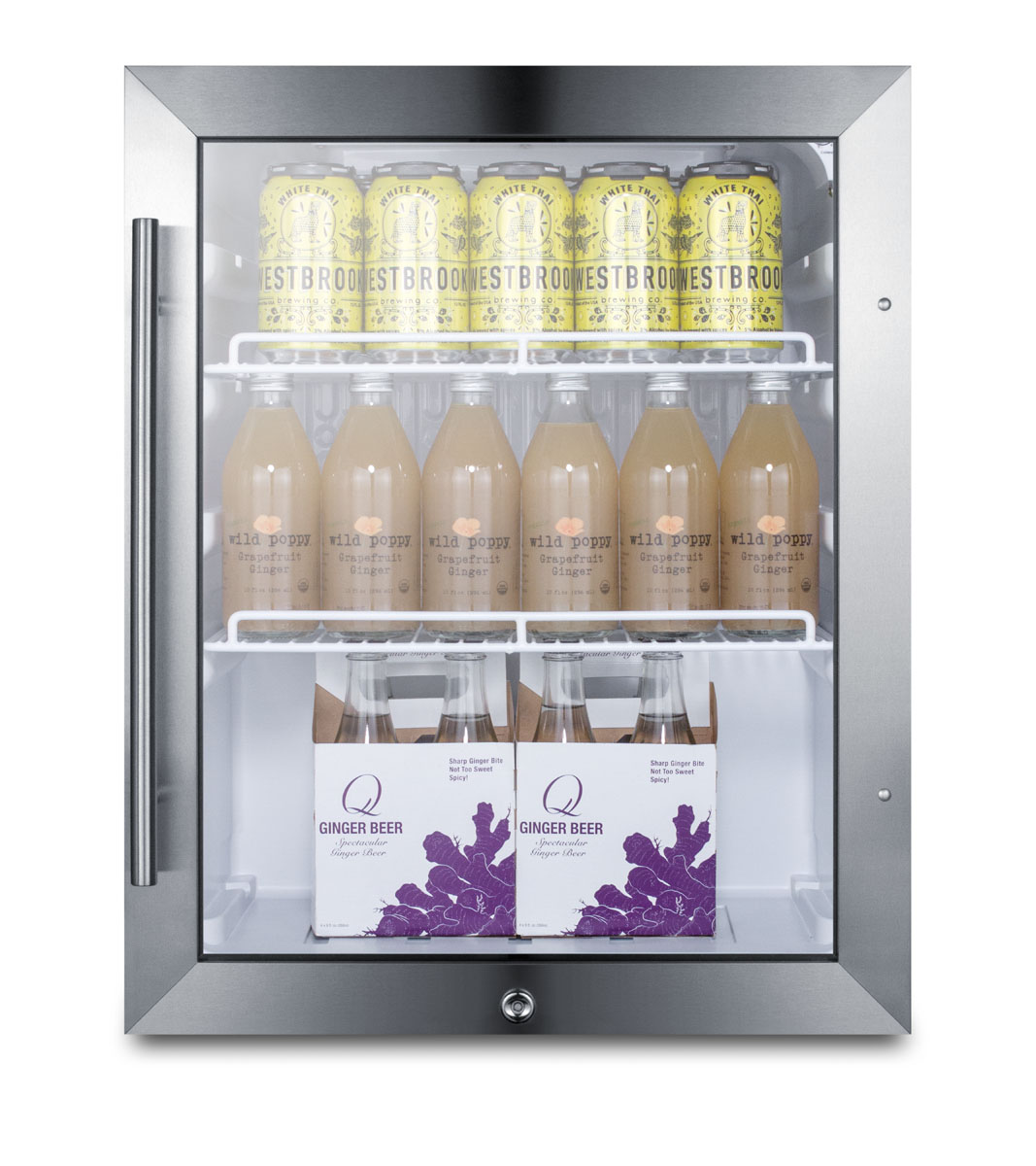 Commercially approved countertop beverage cooler designed for the display and refrigeration of beverages or sealed food, with reversible glass door, black cabinet, and front lock